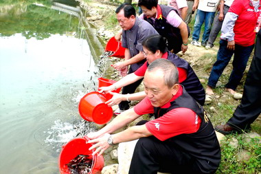 劉政鴻頭屋老田寮溪放流魚苗(圖)