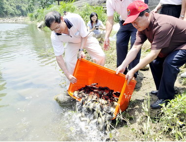 縣府放流魚苗增加明德水庫魚類資源(圖)
