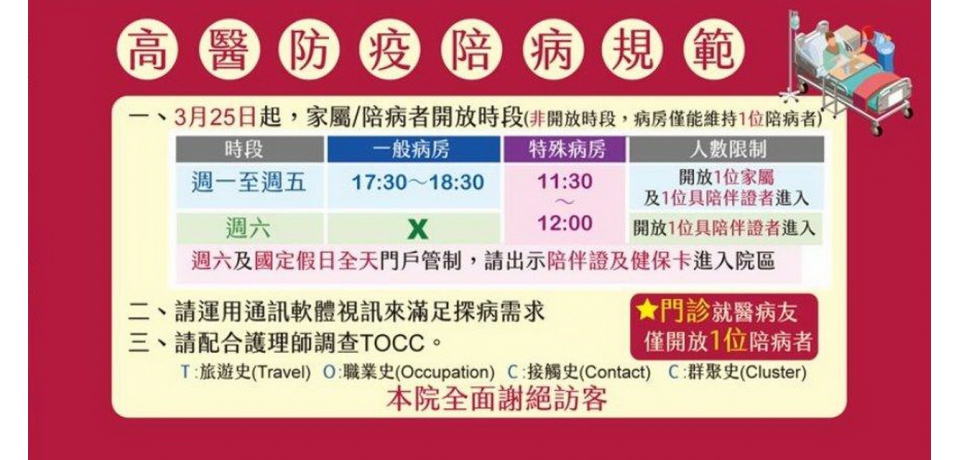 高醫醫療體系25日起平日探病限一次 採「實名制」登錄(圖)
