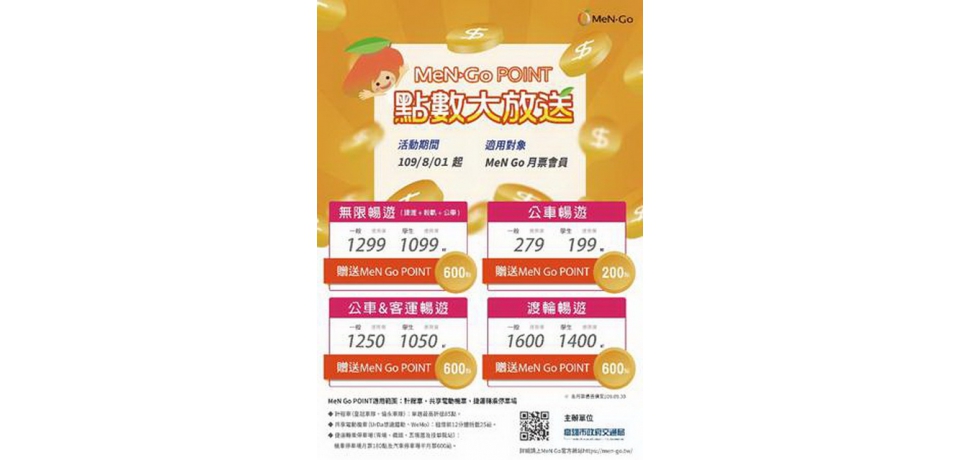 MeN Go交通月票點數，加碼最高享600點回饋(圖)