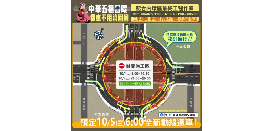 中華五福圓環10月4日施工交管，請依改道路線行駛(圖)