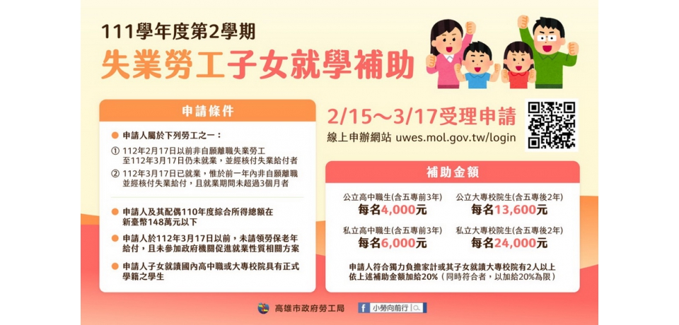 111學年度第2學期「失業勞工子女就學補助」即日起開始受理申請(圖)