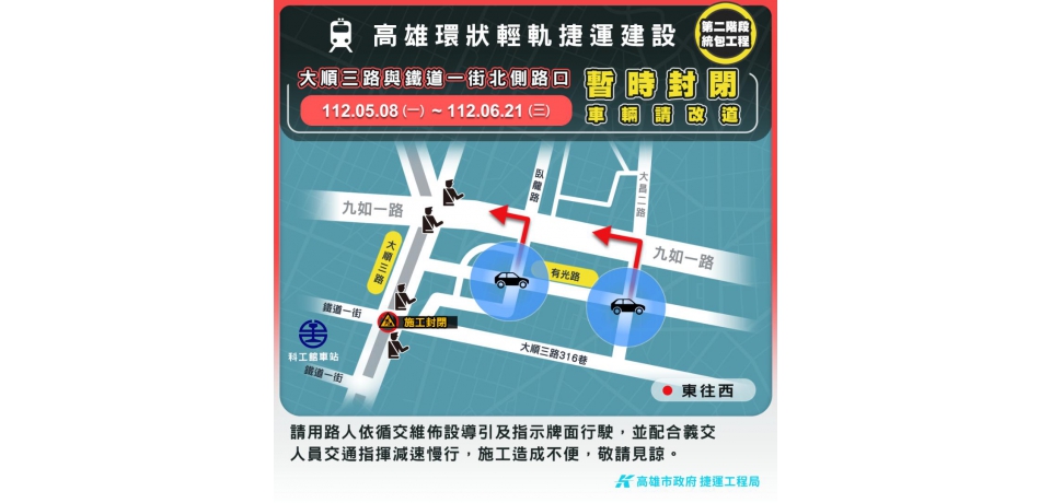 輕軌二階工程於大順三路與鐵道一街北側路口封閉施工(圖)