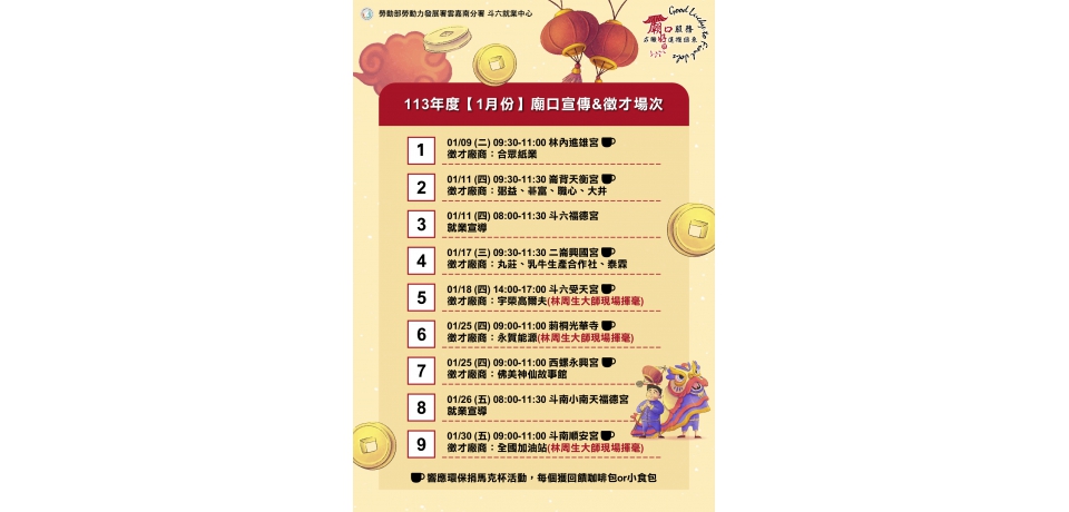 勞動部勞動力發展署雲嘉南分署 斗六就業中心　1月份徵才場次(圖)