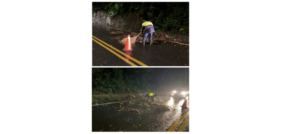 樹葉佈滿路面 雲林縣斗南分局華山警冒雨清除維交安(圖)