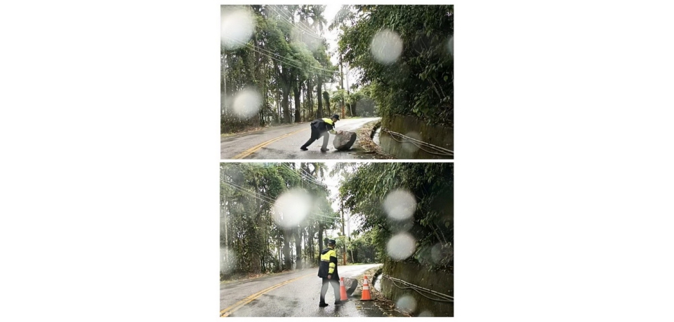 山區大雨落石阻路  雲林縣斗南警分局華山警立即協助排除(圖)