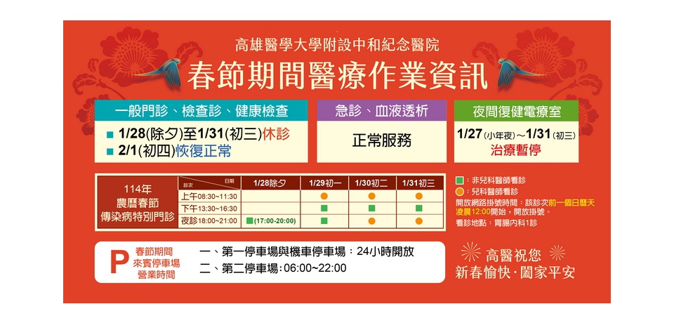 高醫門診除夕至初三休診 開設傳染病特別門診(圖)