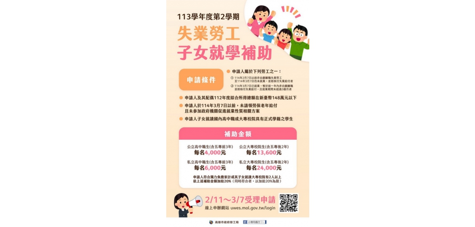 高市勞工局113學年度第2學期「失業勞工子女就學補助」開始受理申請(圖)
