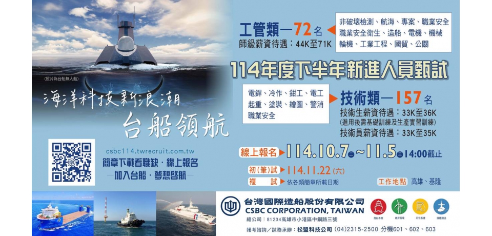 台船公司招考229名生力軍 搶攻國艦國造、離岸風電與智慧船舶前瞻人才(圖)