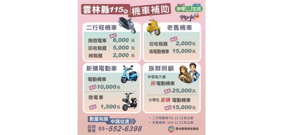 雲林縣115年機車補助最高2.5萬元 二行程汰舊和換購電動機車加碼最多(圖)