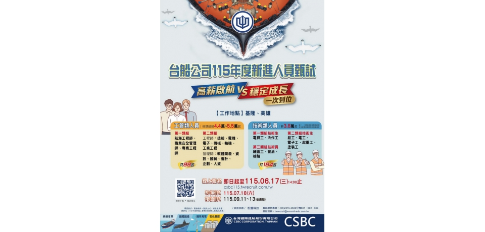 台船公司115年度招募283名生力軍 起薪最高 55,000元 歡迎加入台船大家庭(圖)