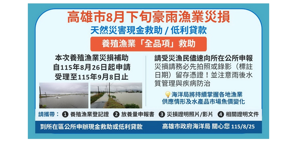 豪雨魚塭養殖全品項災害現金救助及低利貸款，8月26日起受理申請(圖)