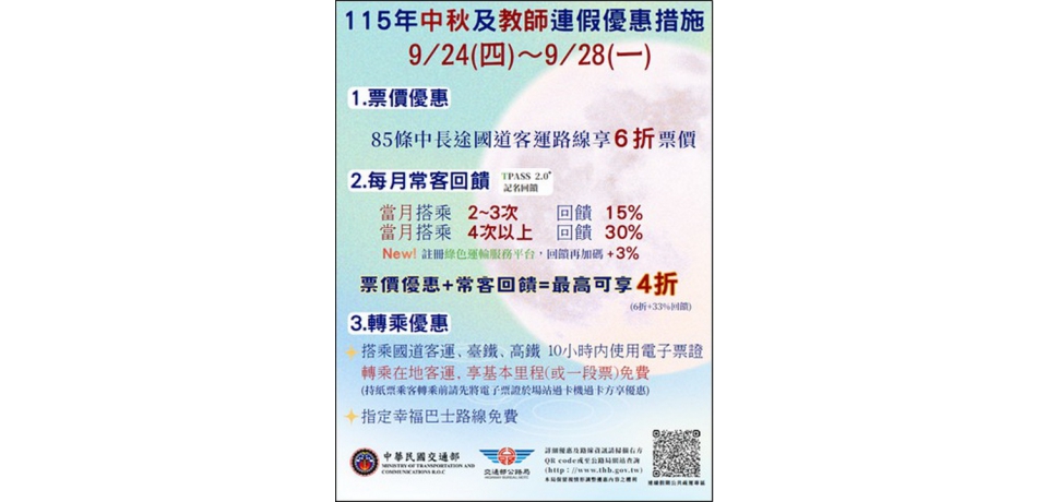 中秋教師節連假出遊　國道客運票價6折、轉乘優惠助省荷包(圖)