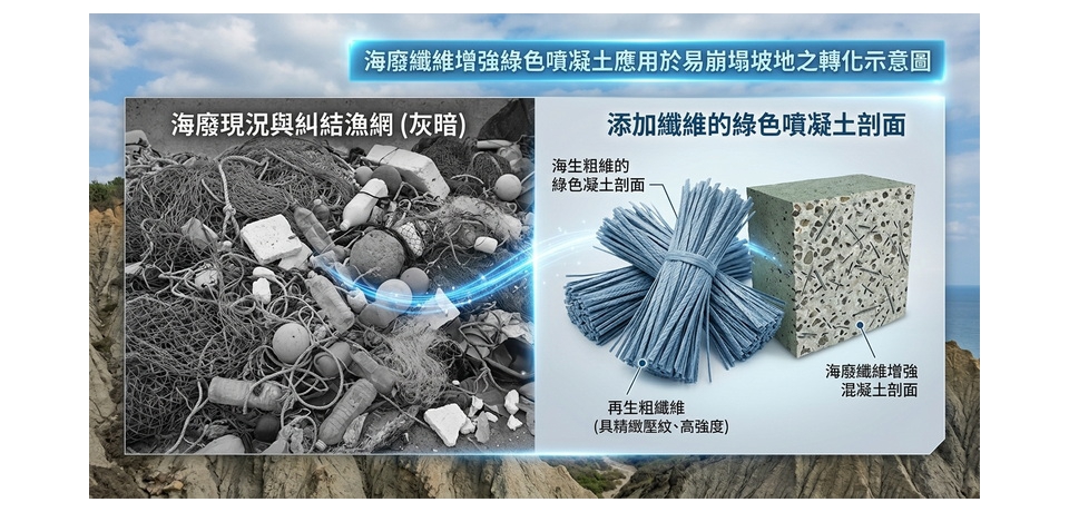 海委會成功將海廢轉身變綠色建材！高科大研發「海廢纖維噴凝土」，結合智慧感測打造濱海防災韌性國土(圖)