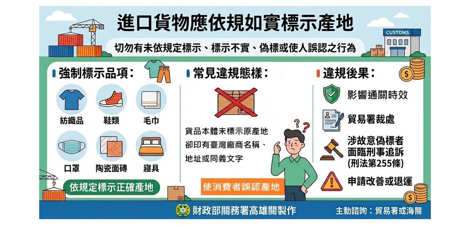 財政部高雄關籲請進口人應依規定正確標示產地，確保通關順暢(圖)